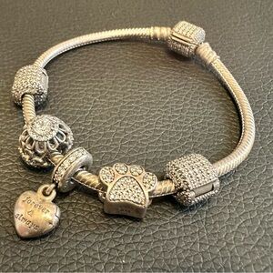 Pandora Small Silver Charm Bracelet with Heart and Paw Design